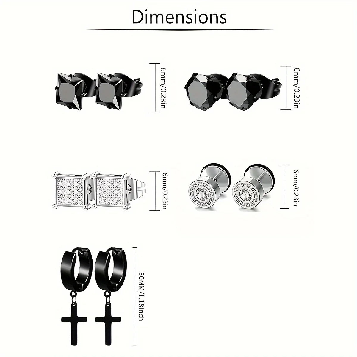 Stainless Steel Earrings for Men - Cross Dangle & CZ Stud Assortment