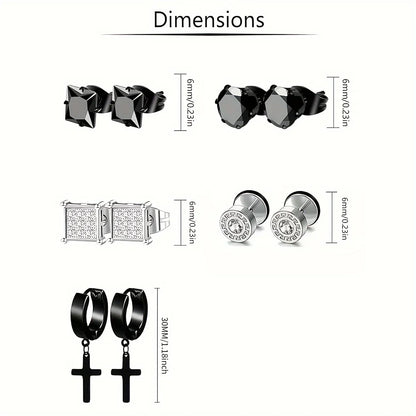 Stainless Steel Earrings for Men - Cross Dangle & CZ Stud Assortment