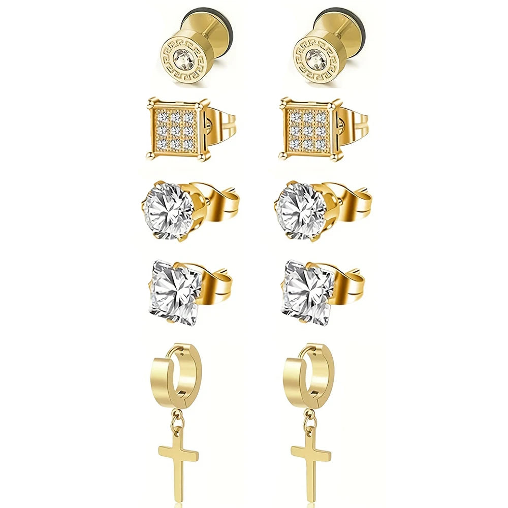 Stainless Steel Earrings for Men - Cross Dangle & CZ Stud Assortment