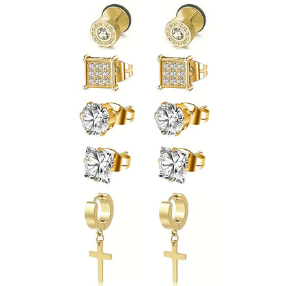 Stainless Steel Earrings for Men - Cross Dangle & CZ Stud Assortment