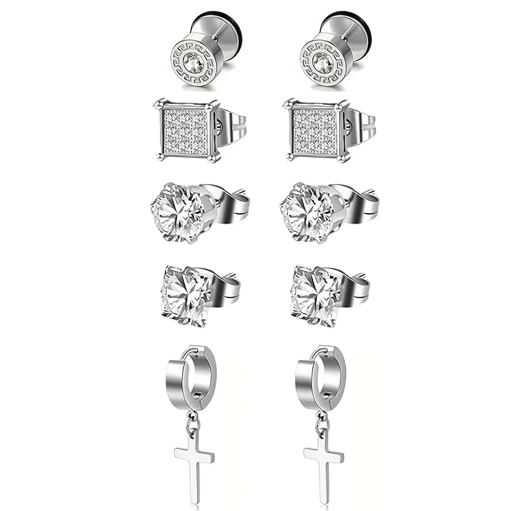 Stainless Steel Earrings for Men - Cross Dangle & CZ Stud Assortment