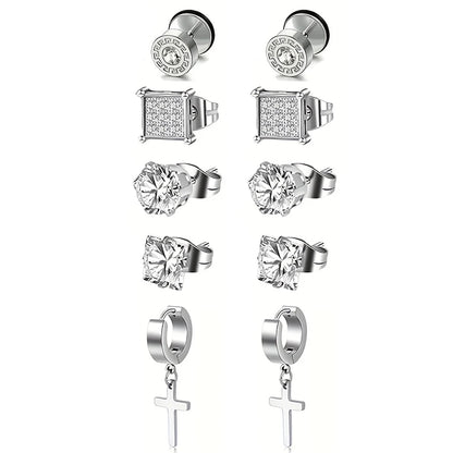 Stainless Steel Earrings for Men - Cross Dangle & CZ Stud Assortment