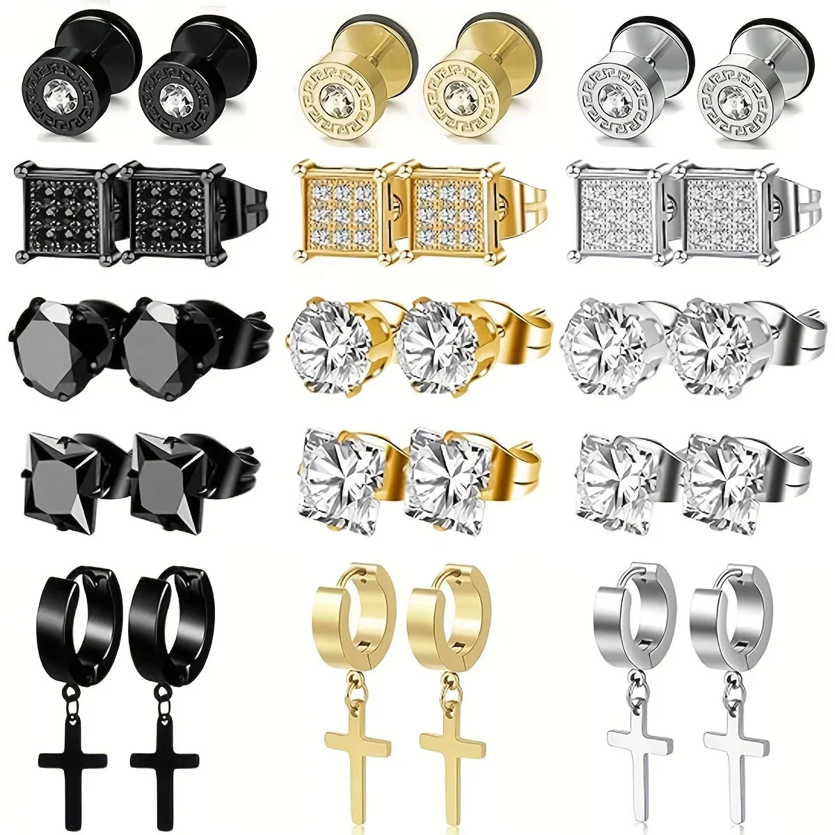 Stainless Steel Earrings for Men - Cross Dangle & CZ Stud Assortment