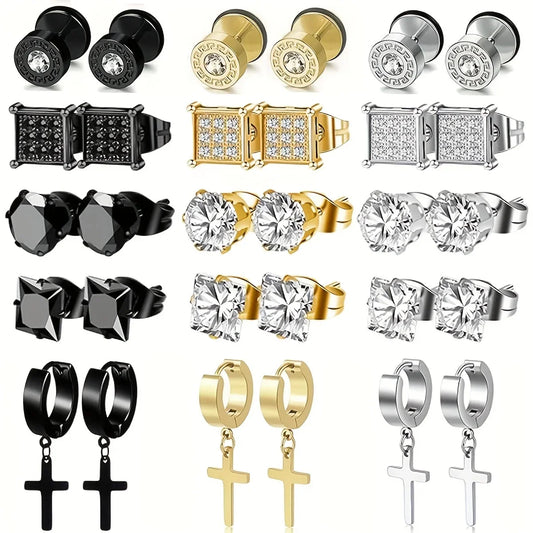 Stainless Steel Earrings for Men - Cross Dangle & CZ Stud Assortment