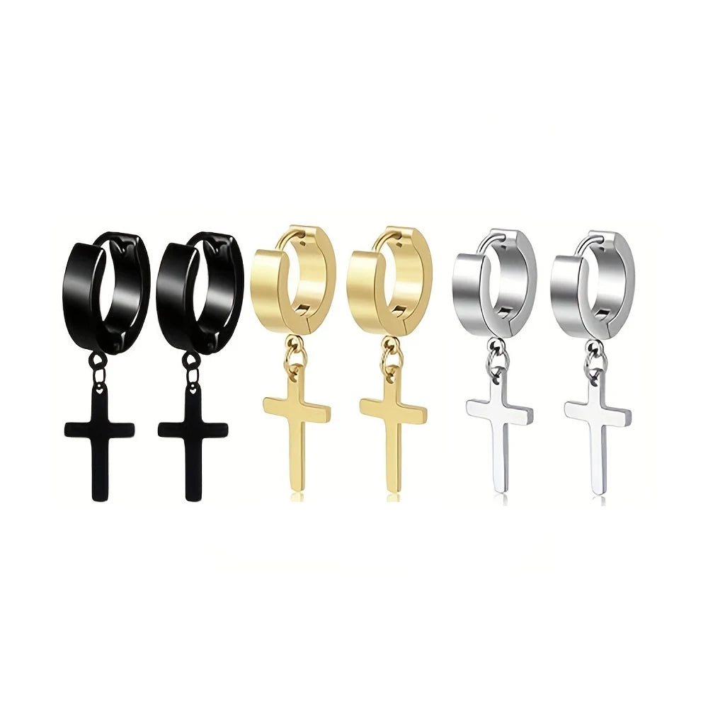 Stainless Steel Earrings for Men - Cross Dangle & CZ Stud Assortment
