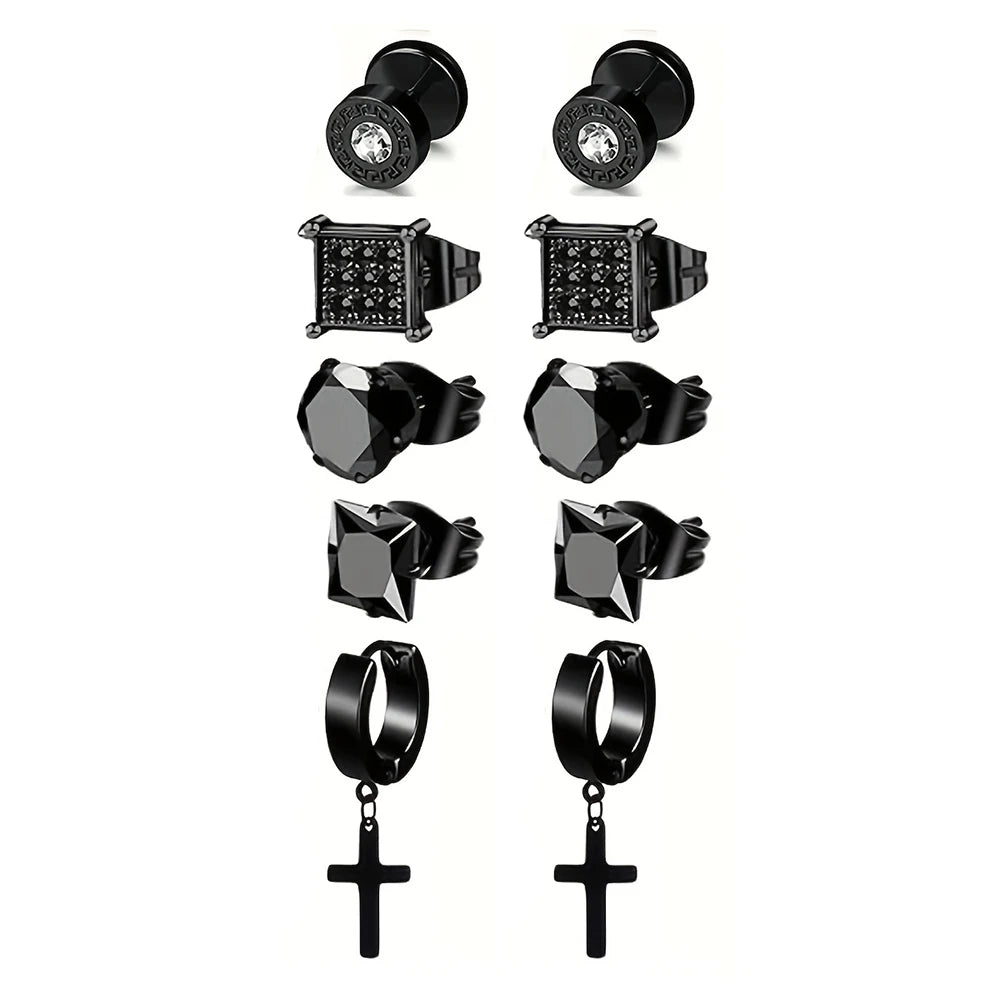 Stainless Steel Earrings for Men - Cross Dangle & CZ Stud Assortment